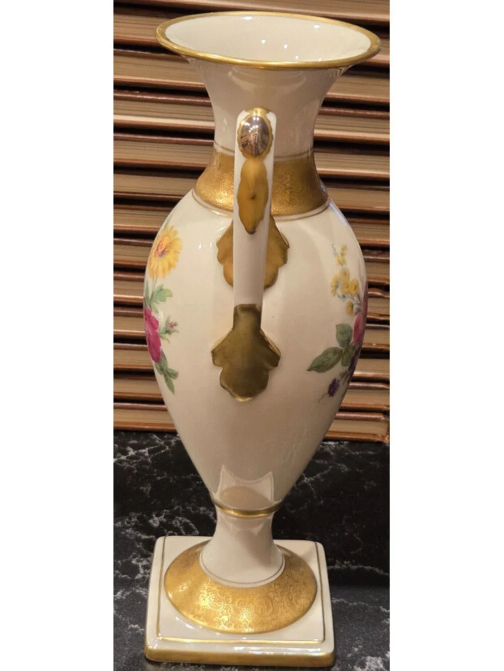 Vintage Lindner Kueps Bavaria Floral Porcelain Amphora Vase Gold Swan Handles
